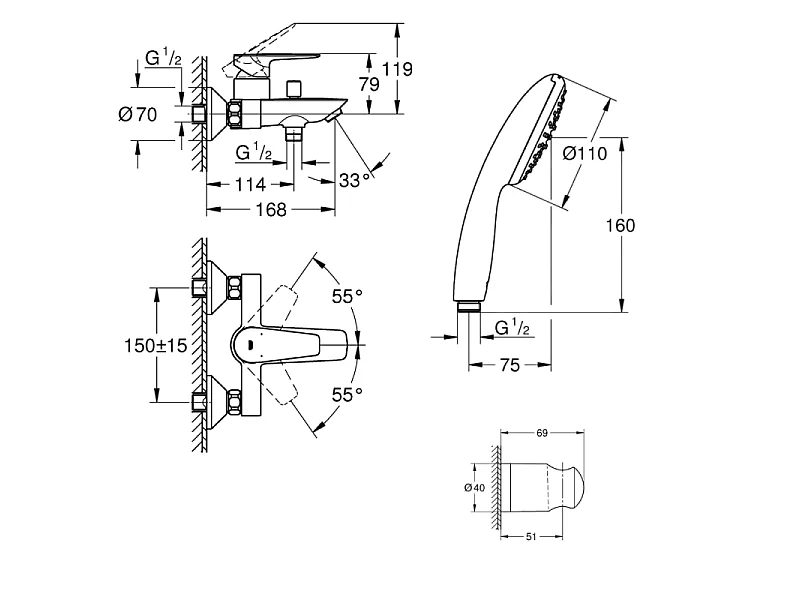 Mitigeur bain douche mécanique GROHE Start Edge 2020 noir mat + Douchette 2 jets Vitalio GROHE Start 110 avec flexible et support
