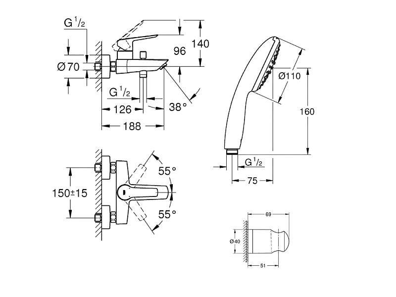 Mitigeur bain douche mécanique GROHE Start 2021 noir mat + Douchette 2 jets Vitalio GROHE Start 110 avec flexible et support