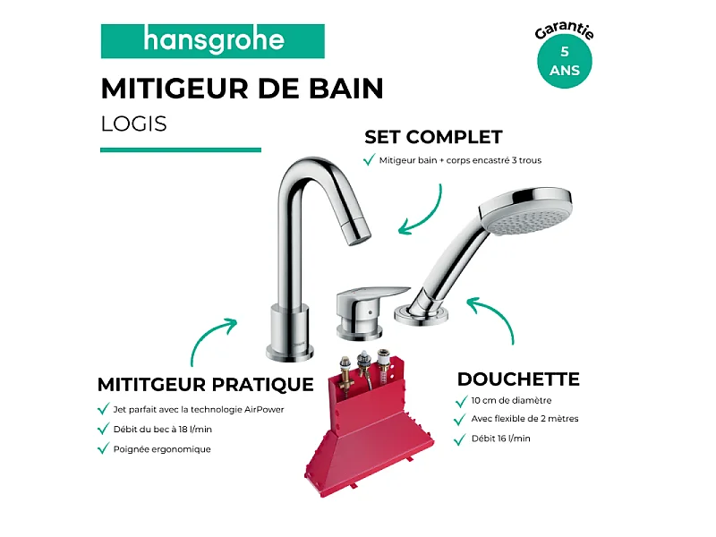 Mitigeur baignoire 3 trous HANSGROHE Logis chromé + corps encastré avec Secuflexbox