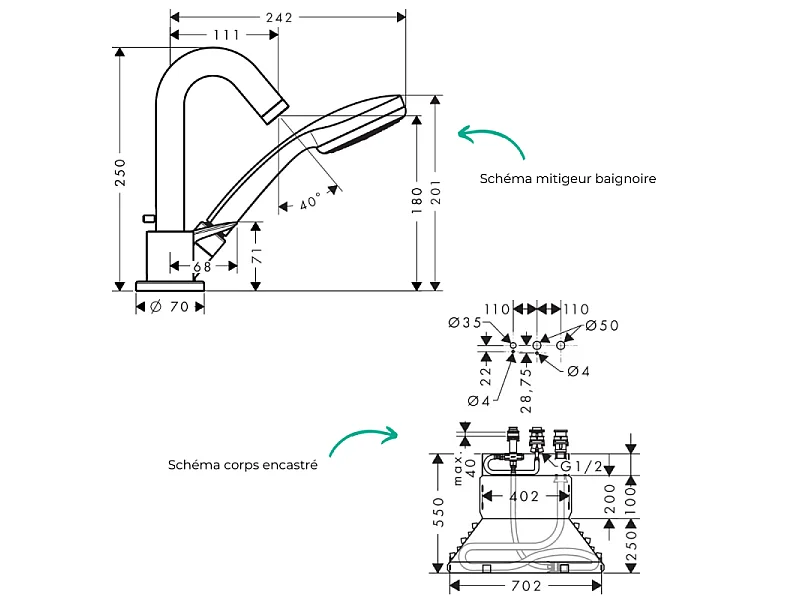 Mitigeur baignoire 3 trous HANSGROHE Logis chromé + corps encastré avec Secuflexbox