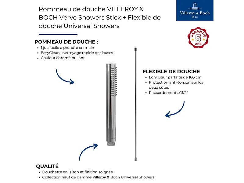 Pommeau de douche VILLEROY & BOCH Verve Showers Stick + Flexible de douche Universal Showers 160 cm Chromé