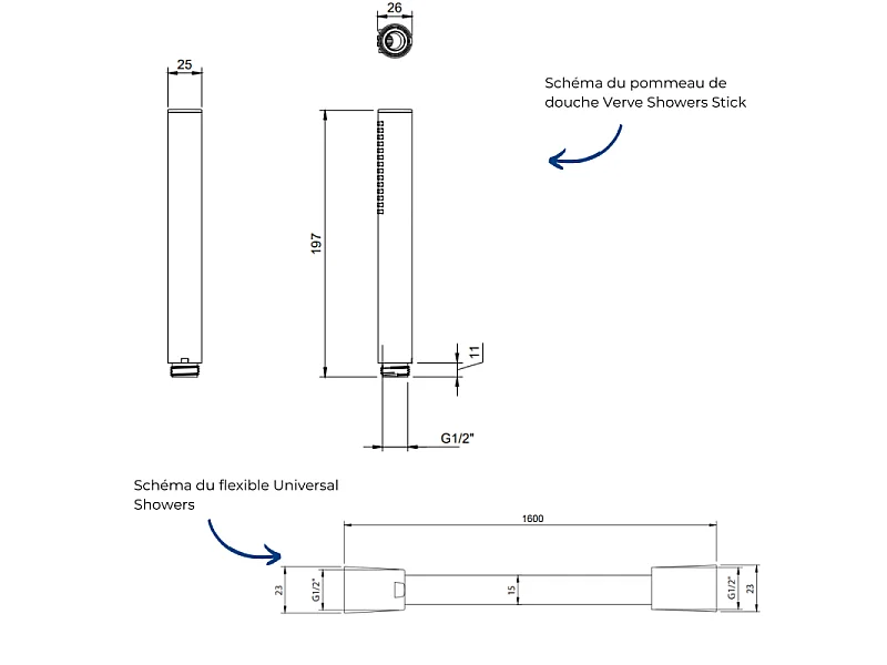 Pommeau de douche VILLEROY & BOCH Verve Showers Stick + Flexible de douche Universal Showers 160 cm Chromé