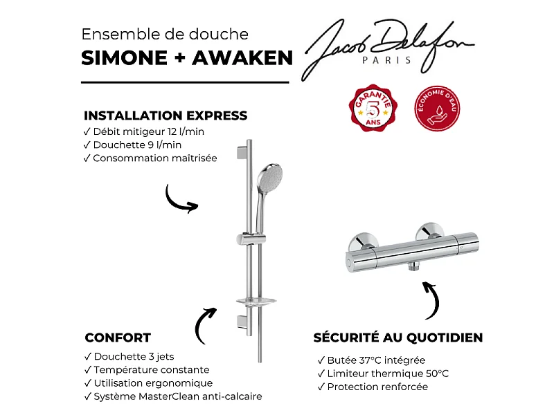 Mitigeur de douche thermostatique JACOB DELAFON Simone + ensemble de douche Awaken