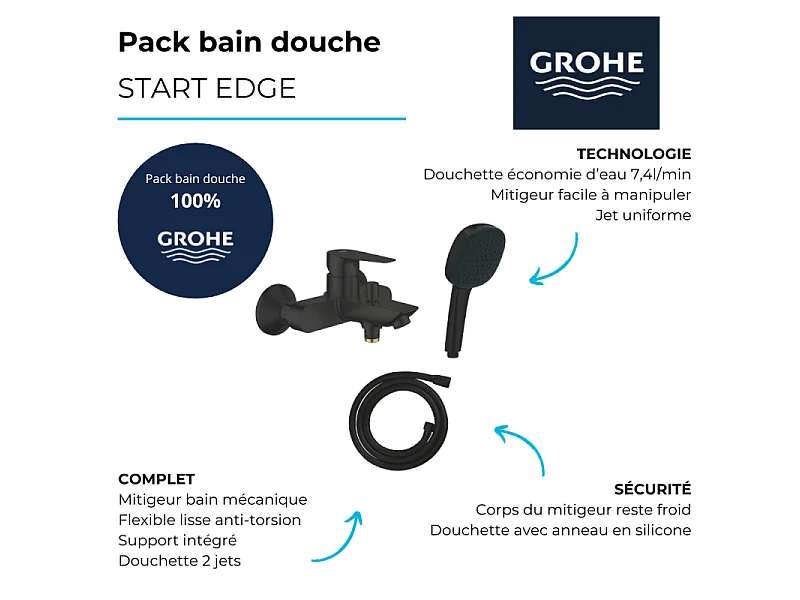 Mitigeur bain douche mécanique GROHE Start Edge 2020 noir mat + Douchette 2 jets Vitalio Comfort 110 + Flexible