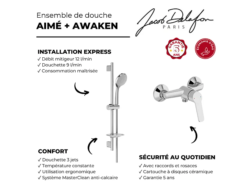 Mitigeur de douche JACOB DELAFON Aimé  + ensemble de douche Awaken