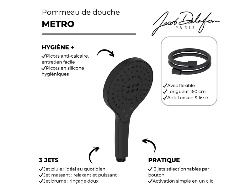 Pommeau de douche 3 jets JACOB DELAFON Metro signature noir mat + flexible