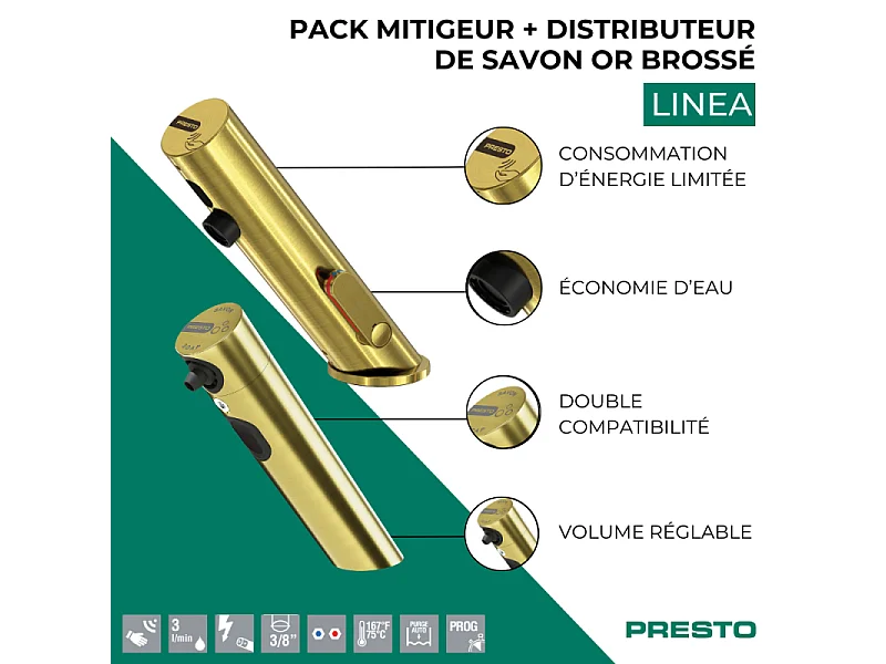 Pack mitigeur infrarouge avec robinet d'arrêt + Distributeur de savon infrarouge PRESTO Linea Or brossé