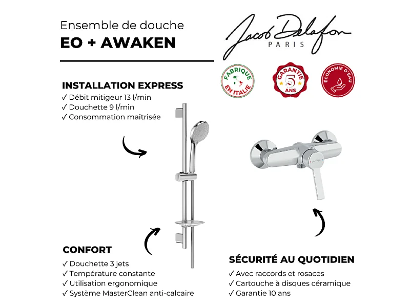 Mitigeur de douche JACOB DELAFON Eo  + ensemble de douche Awaken