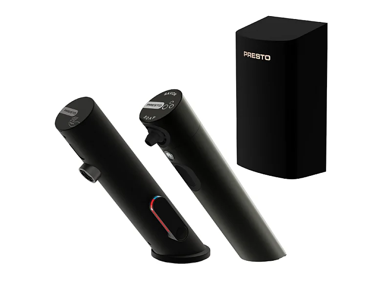Pack mitigeur infrarouge avec robinet d'arrêt + Distributeur de savon infrarouge + Sèche-main PRESTO Linea Noir mat