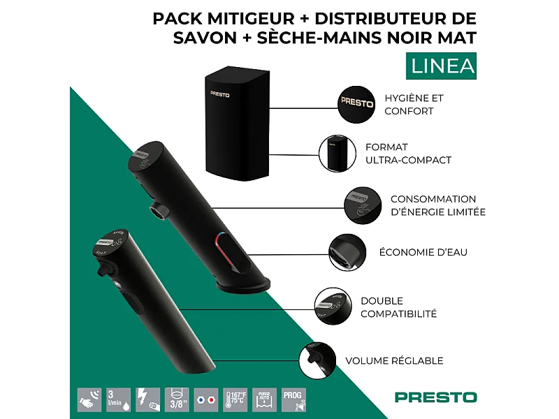 Pack mitigeur infrarouge avec robinet d'arrêt + Distributeur de savon infrarouge + Sèche-main PRESTO Linea Noir mat