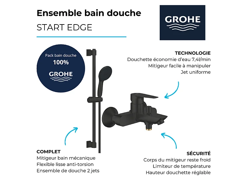 Mitigeur bain douche mécanique GROHE Start Edge 2020 Noir mat + Ensemble de douche 2 jets avec barre Vitalio GROHE Start 110