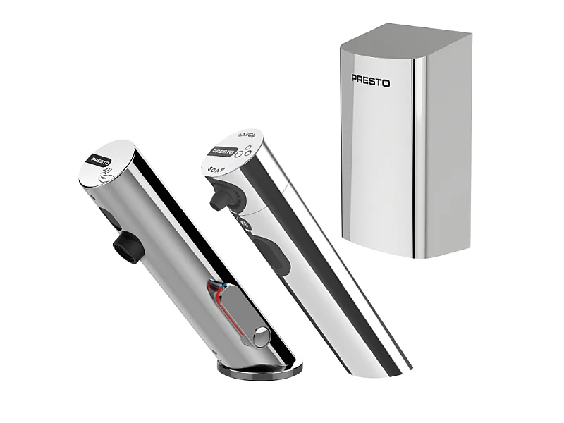 Pack mitigeur infrarouge avec robinet d'arrêt + Distributeur de savon infrarouge + Sèche-main PRESTO Linea Chromé