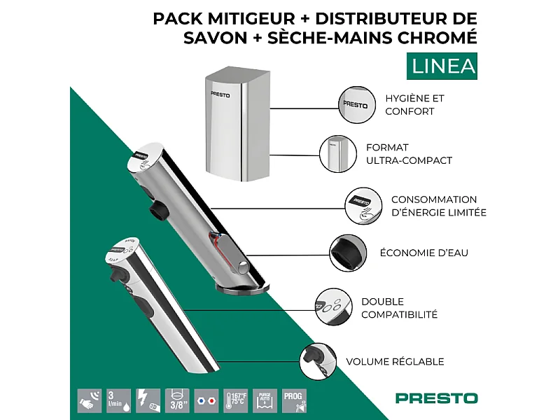 Pack mitigeur infrarouge avec robinet d'arrêt + Distributeur de savon infrarouge + Sèche-main PRESTO Linea Chromé