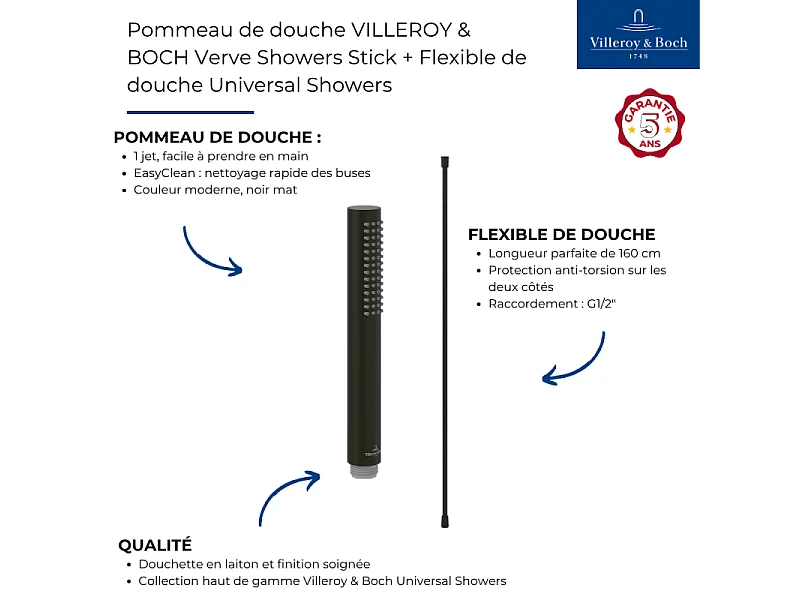 Pommeau de douche VILLEROY & BOCH Verve Showers Stick + Flexible de douche Universal Showers 160 cm Noir mat