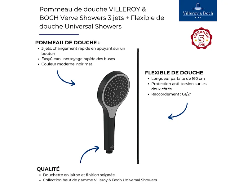 Pommeau de douche VILLEROY & BOCH Verve Showers 3 jets + Flexible de douche Universal Showers 160 cm Noir mat