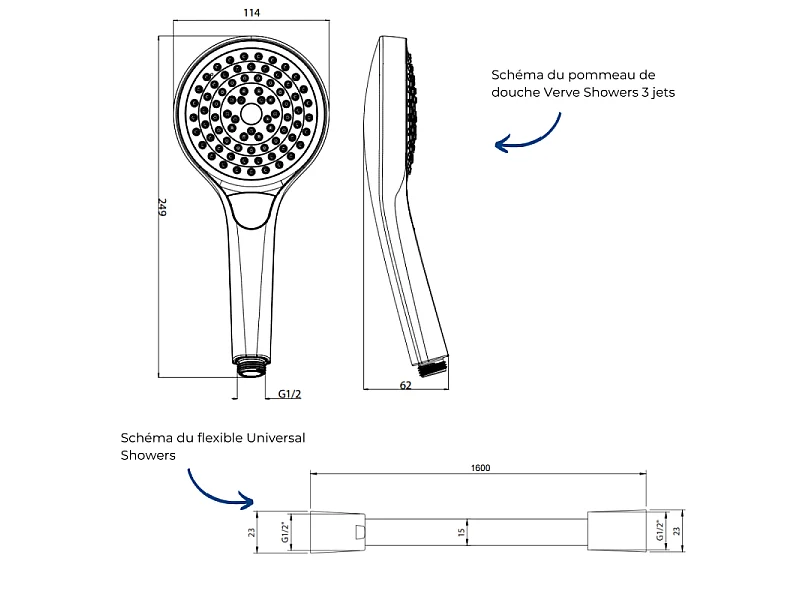 Pommeau de douche VILLEROY & BOCH Verve Showers 3 jets + Flexible de douche Universal Showers 160 cm Noir mat