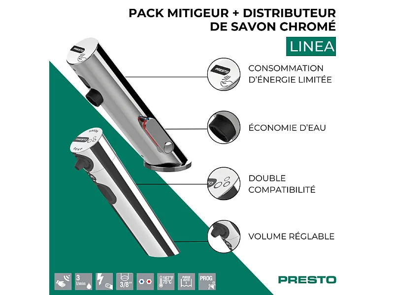 Pack mitigeur infrarouge avec robinet d'arrêt + Distributeur de savon infrarouge PRESTO Linea Chromé