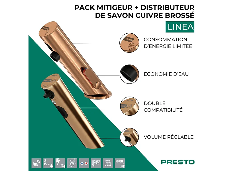 Pack mitigeur infrarouge avec robinet d'arrêt + Distributeur de savon infrarouge PRESTO Linea Cuivre brossé