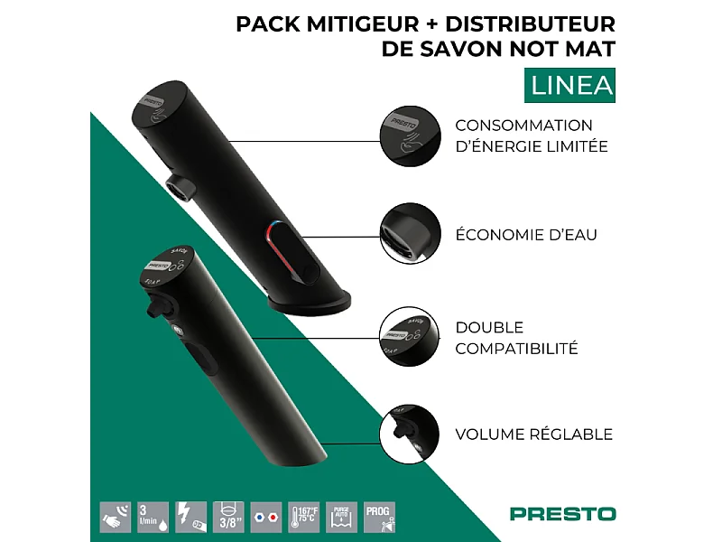 Pack mitigeur infrarouge avec robinet d'arrêt + Distributeur de savon infrarouge PRESTO Linea Noir mat