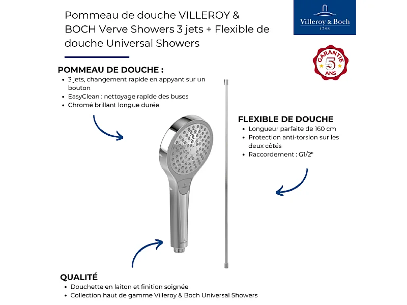 Pommeau de douche VILLEROY & BOCH Verve Showers 3 jets + Flexible de douche Universal Showers 160 cm Chromé