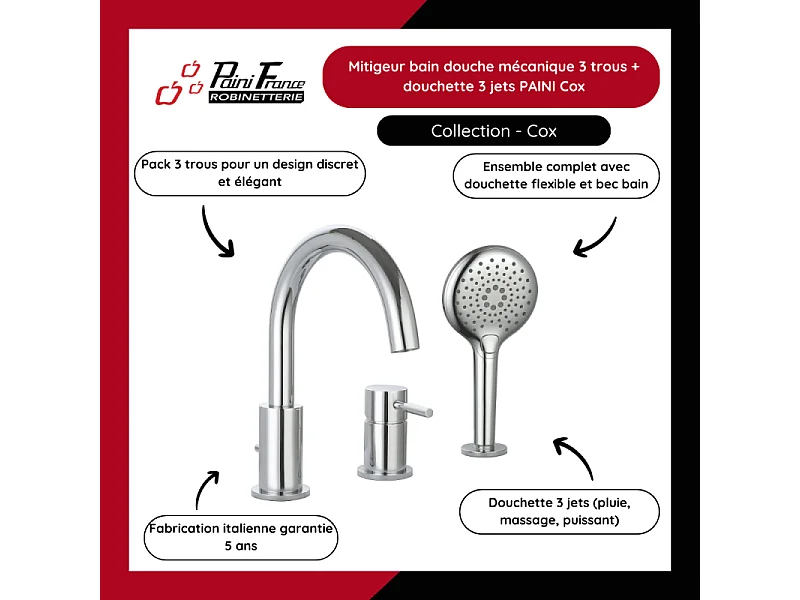 Mitigeur bain douche mécanique 3 trous + douchette 3 jets PAINI Cox chromé