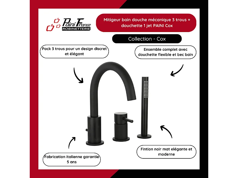 Mitigeur bain douche mécanique 3 trous + douchette 1 jet PAINI Cox noir mat