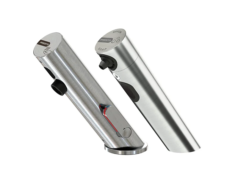 Pack mitigeur infrarouge avec robinet d'arrêt + Distributeur de savon infrarouge PRESTO Linea Inox brossé