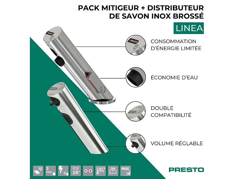 Pack mitigeur infrarouge avec robinet d'arrêt + Distributeur de savon infrarouge PRESTO Linea Inox brossé