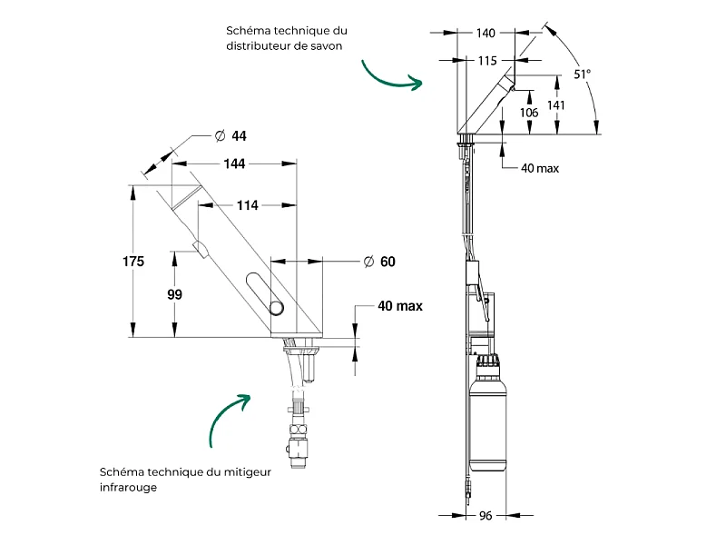 Pack mitigeur infrarouge avec robinet d'arrêt + Distributeur de savon infrarouge PRESTO Linea Inox brossé