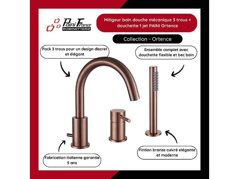 Mitigeur bain douche mécanique 3 trous + douchette 1 jet PAINI Ortence bronze cuivre