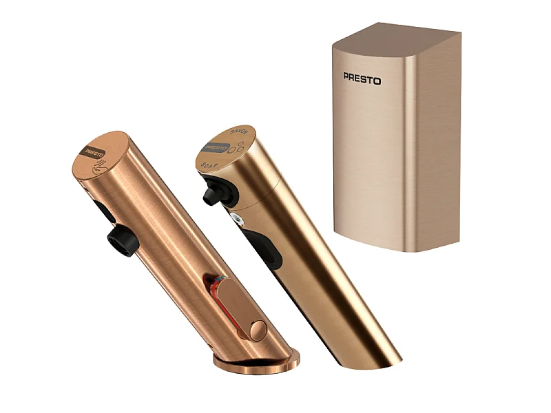Pack mitigeur infrarouge avec robinet d'arrêt + Distributeur de savon infrarouge + Sèche-main PRESTO Linea Cuivre brossé