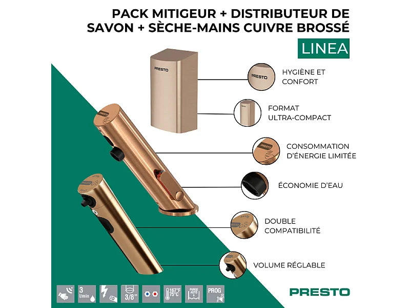 Pack mitigeur infrarouge avec robinet d'arrêt + Distributeur de savon infrarouge + Sèche-main PRESTO Linea Cuivre brossé