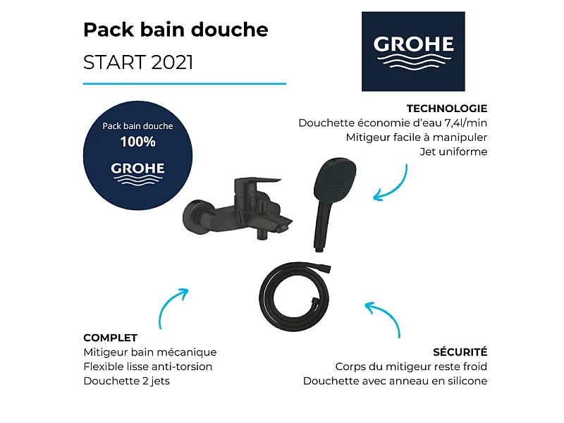 Mitigeur bain douche mécanique GROHE Start 2021 noir mat + Douchette 2 jets Vitalio Comfort 110 + Flexible