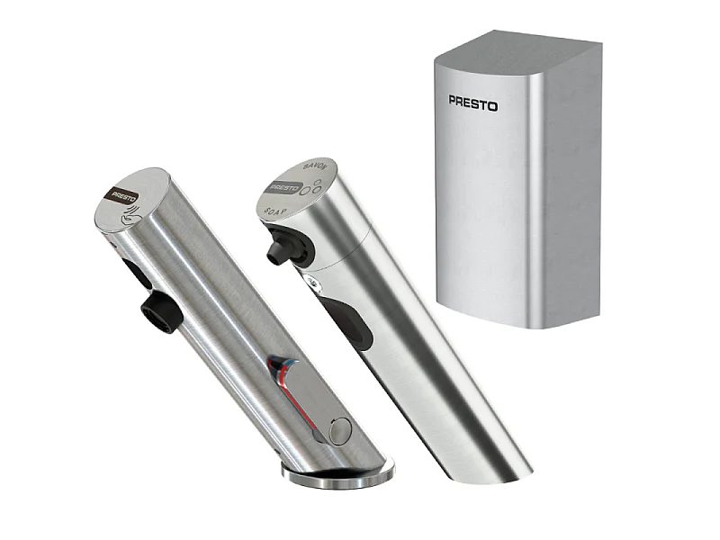 Pack mitigeur infrarouge avec robinet d'arrêt + Distributeur de savon infrarouge + Sèche-main PRESTO Linea Inox brossé
