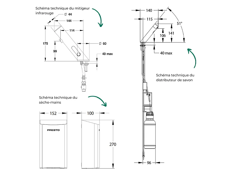 Pack mitigeur infrarouge avec robinet d'arrêt + Distributeur de savon infrarouge + Sèche-main PRESTO Linea Inox brossé