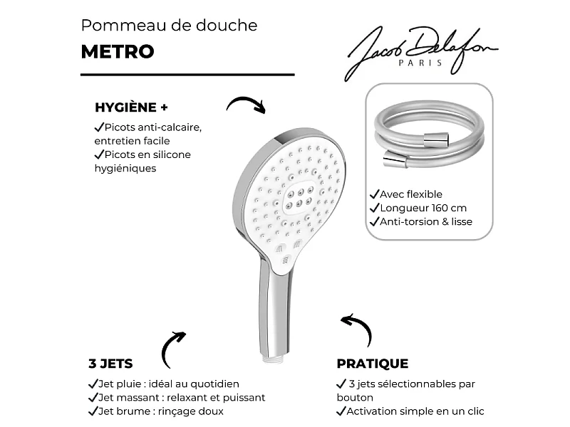 Pommeau de douche 3 jets JACOB DELAFON Metro signature chromé + flexible