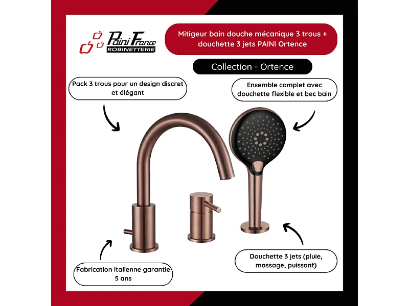 Mitigeur bain douche mécanique 3 trous + douchette 3 jets PAINI Ortence bronze cuivré