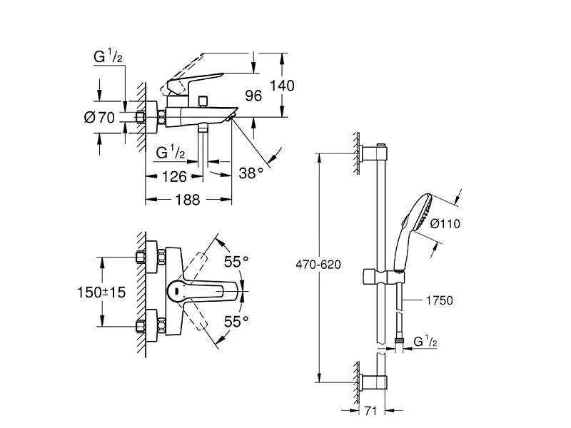 Mitigeur bain douche mécanique GROHE Start 2021 Noir mat + Ensemble de douche 2 jets avec barre Vitalio GROHE Start 110