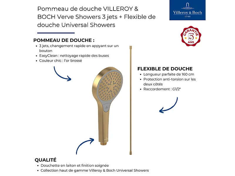 Pommeau de douche VILLEROY & BOCH Verve Showers 3 jets + Flexible de douche Universal Showers 160 cm Or brossé