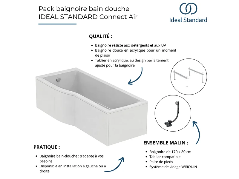 Baignoire bain douche 170 x 80 cm droite IDEAL STANDARD Connect Air + tablier + pieds + vidage Doré