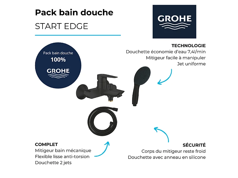 Mitigeur bain douche mécanique GROHE Start Edge 2020 noir mat + Douchette 2 jets Vitalio GROHE Start 110 + Flexible