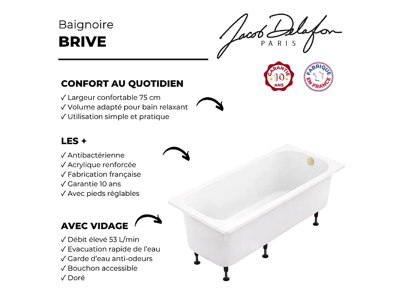 Baignoire droite 170 X 75 JACOB DELAFON Brive avec vidage doré
