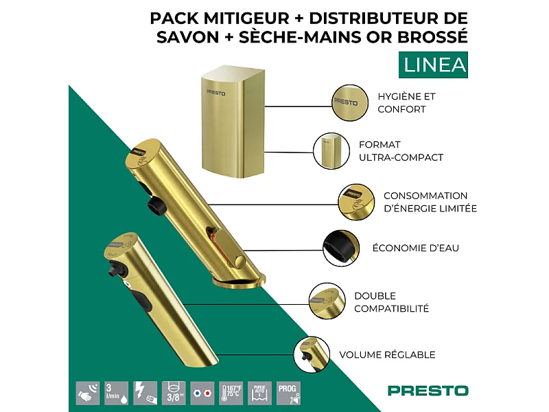 Pack mitigeur infrarouge avec robinet d'arrêt + Distributeur de savon infrarouge + Sèche-main PRESTO Linea Or brossé