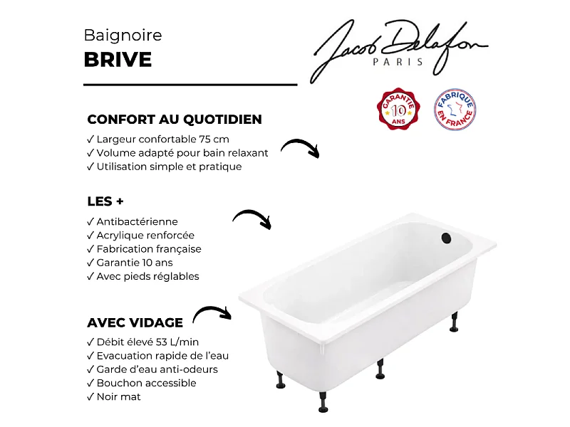 Baignoire droite 170 X 75 JACOB DELAFON Brive avec vidage noir mat