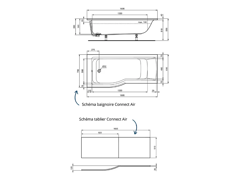 Baignoire bain douche 170 x 80 cm gauche IDEAL STANDARD Connect Air + tablier
