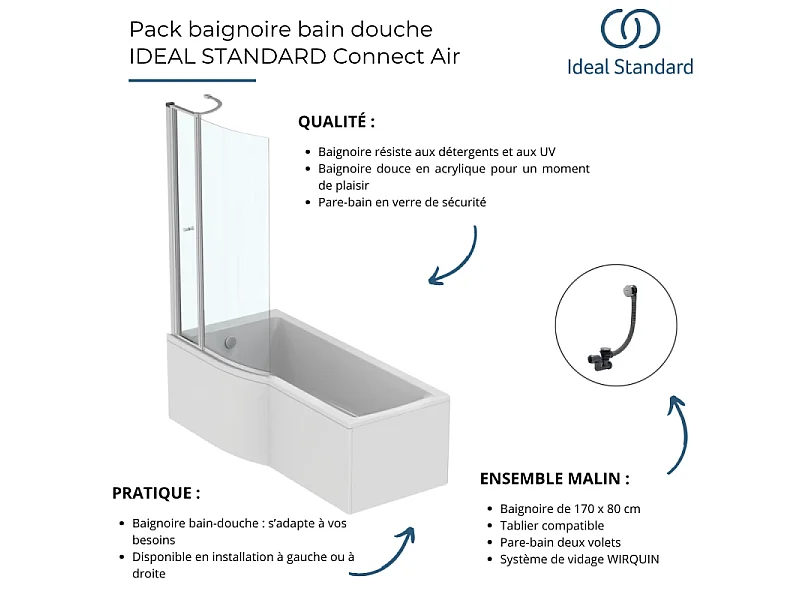 Pack baignoire bain douche 170 x 80 cm droite IDEAL STANDARD Connect Air + tablier + pare bain avec volet + vidage Noir mat