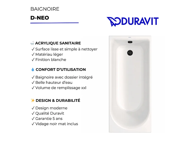 Baignoire droite 170 X 70 DURAVIT D-Neo + vidage noir mat