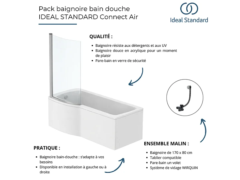 Pack baignoire bain douche 170 x 80 cm droite IDEAL STANDARD Connect Air + tablier + pare bain fixe + vidage Blanc