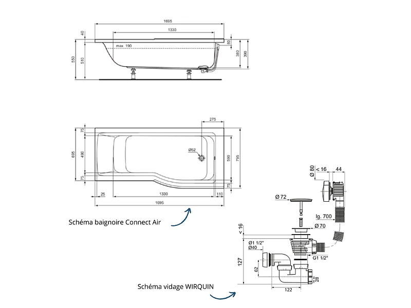 Baignoire bain douche 170 x 80 cm droite IDEAL STANDARD Connect Air + vidage Chromé