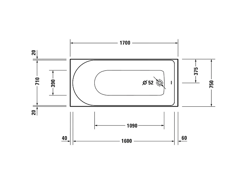 Baignoire droite 170 X 75 DURAVIT D-Neo + vidage chromé